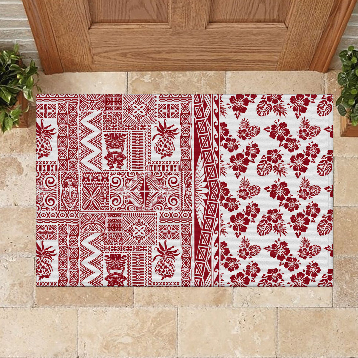 Hawaii Rubber Doormat Aloha Tropical Plants Tribal Pattern Red Version LT03 - Polynesian Pride