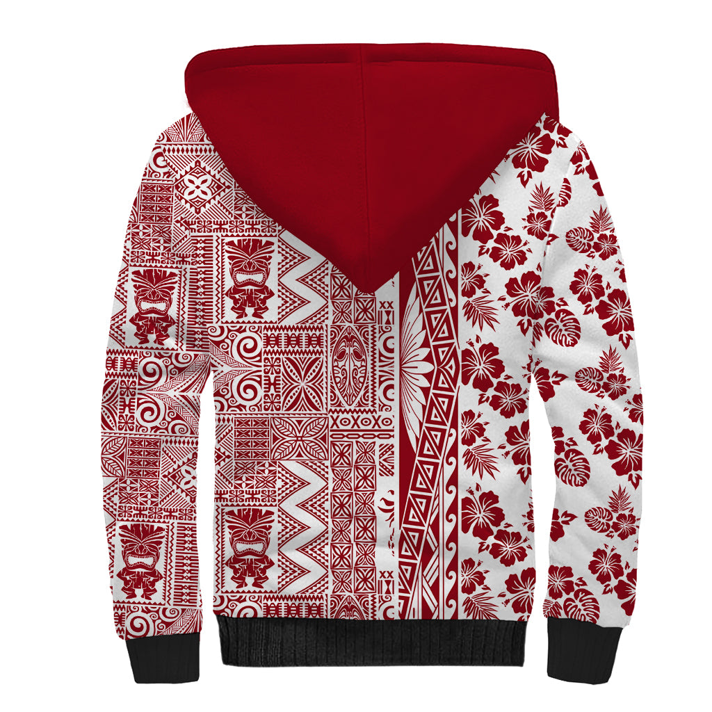 Hawaii Sherpa Hoodie Aloha Tropical Plants Tribal Pattern Red Version LT03 - Polynesian Pride