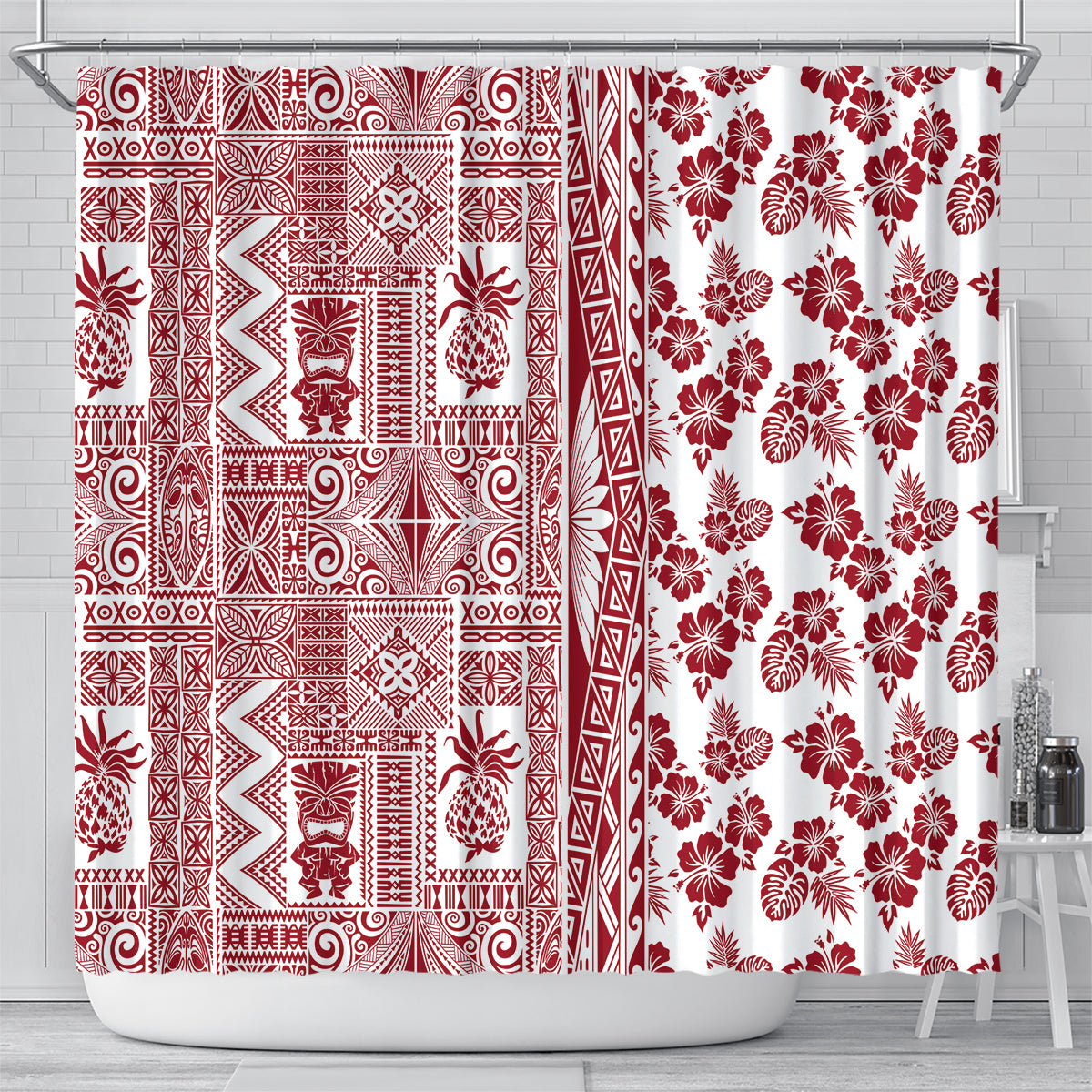 Hawaii Shower Curtain Aloha Tropical Plants Tribal Pattern Red Version LT03 - Polynesian Pride