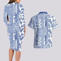 Hawaii Couples Matching Long Sleeve Bodycon Dress and Hawaiian Shirt Aloha Tropical Plants Tribal Pattern Blue Version LT03 - Polynesian Pride