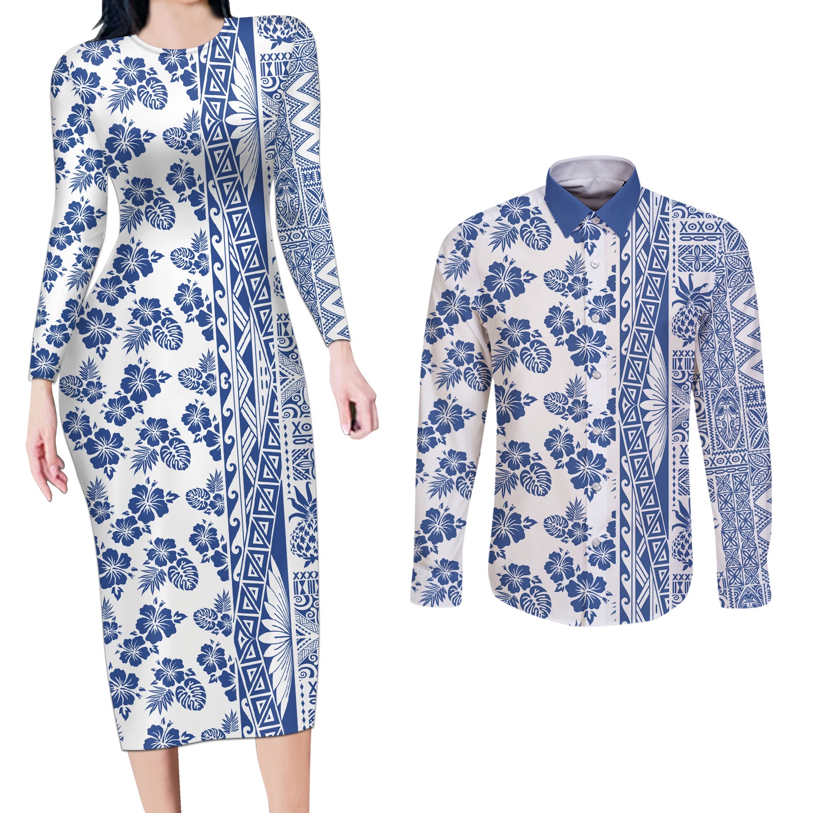 Hawaii Couples Matching Long Sleeve Bodycon Dress and Long Sleeve Button Shirt Aloha Tropical Plants Tribal Pattern Blue Version LT03 Blue - Polynesian Pride