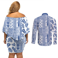 Hawaii Couples Matching Off Shoulder Short Dress and Long Sleeve Button Shirt Aloha Tropical Plants Tribal Pattern Blue Version LT03 - Polynesian Pride