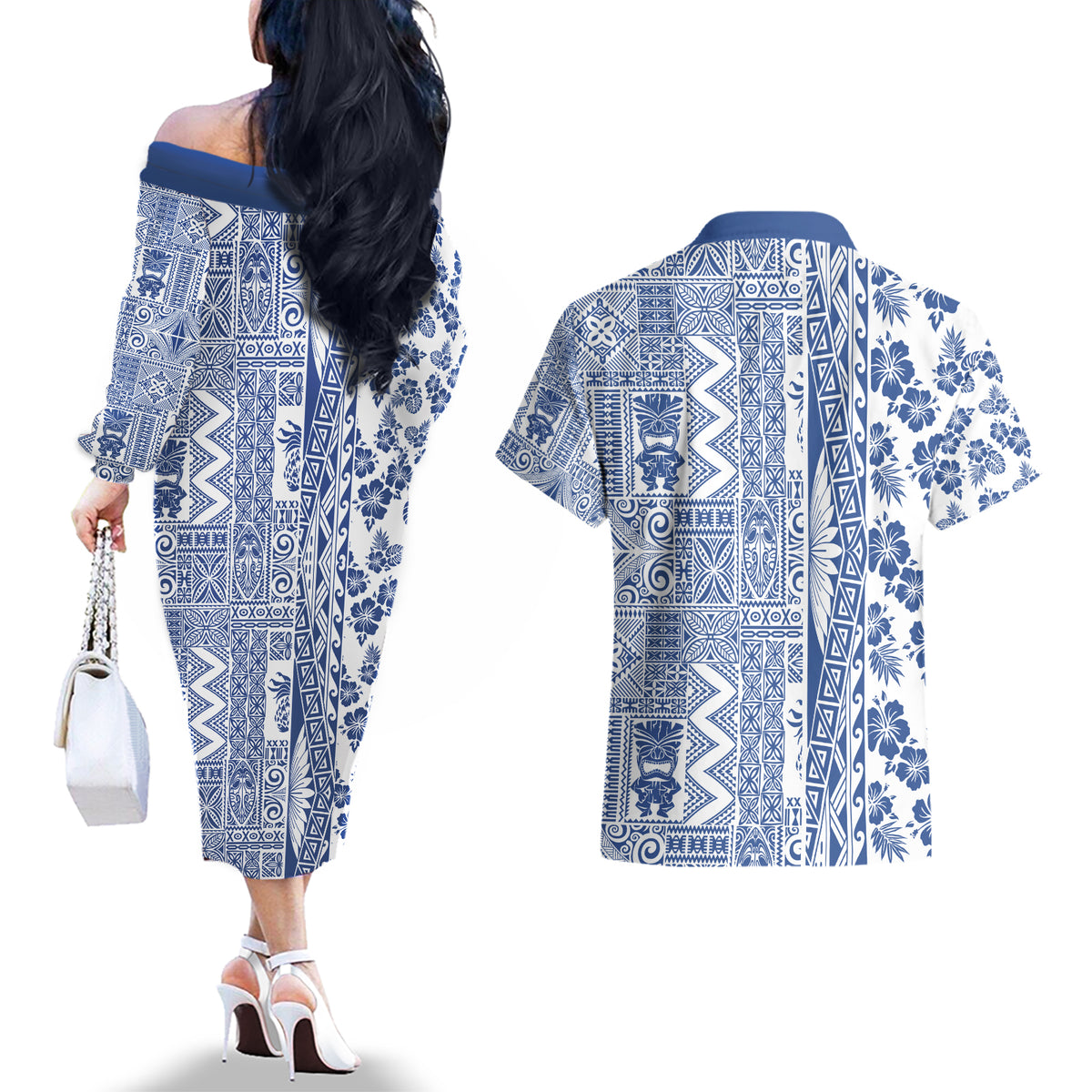 Hawaii Couples Matching Off The Shoulder Long Sleeve Dress and Hawaiian Shirt Aloha Tropical Plants Tribal Pattern Blue Version LT03 - Polynesian Pride