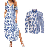 Hawaii Couples Matching Summer Maxi Dress and Long Sleeve Button Shirt Aloha Tropical Plants Tribal Pattern Blue Version LT03 Blue - Polynesian Pride
