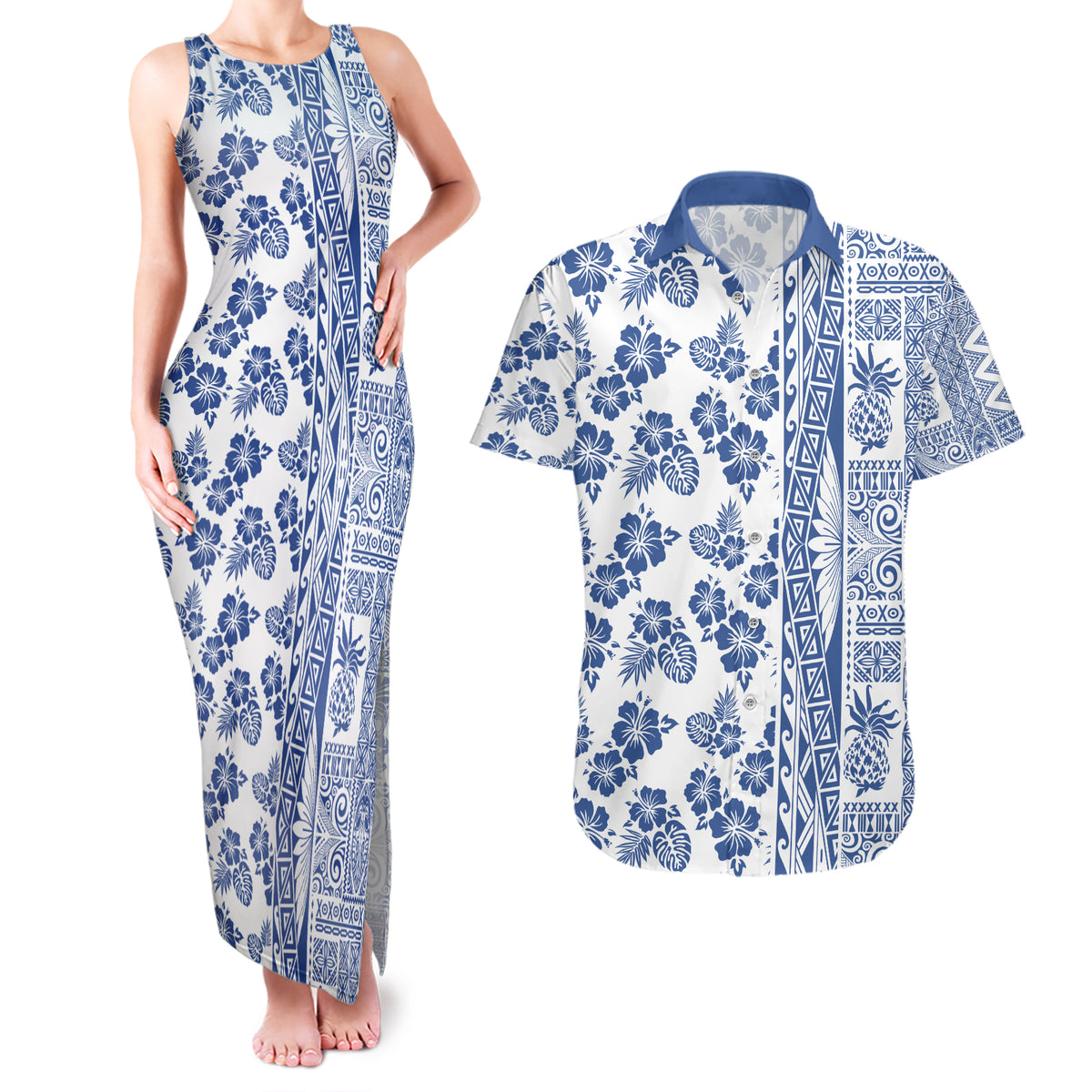 Hawaii Couples Matching Tank Maxi Dress and Hawaiian Shirt Aloha Tropical Plants Tribal Pattern Blue Version LT03 Blue - Polynesian Pride