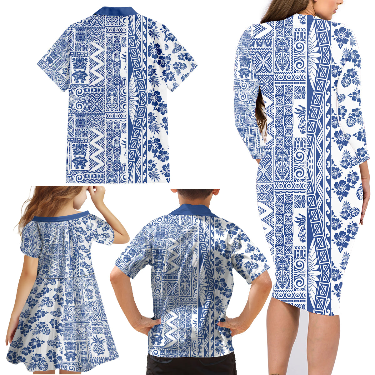 Hawaii Family Matching Long Sleeve Bodycon Dress and Hawaiian Shirt Aloha Tropical Plants Tribal Pattern Blue Version LT03 - Polynesian Pride