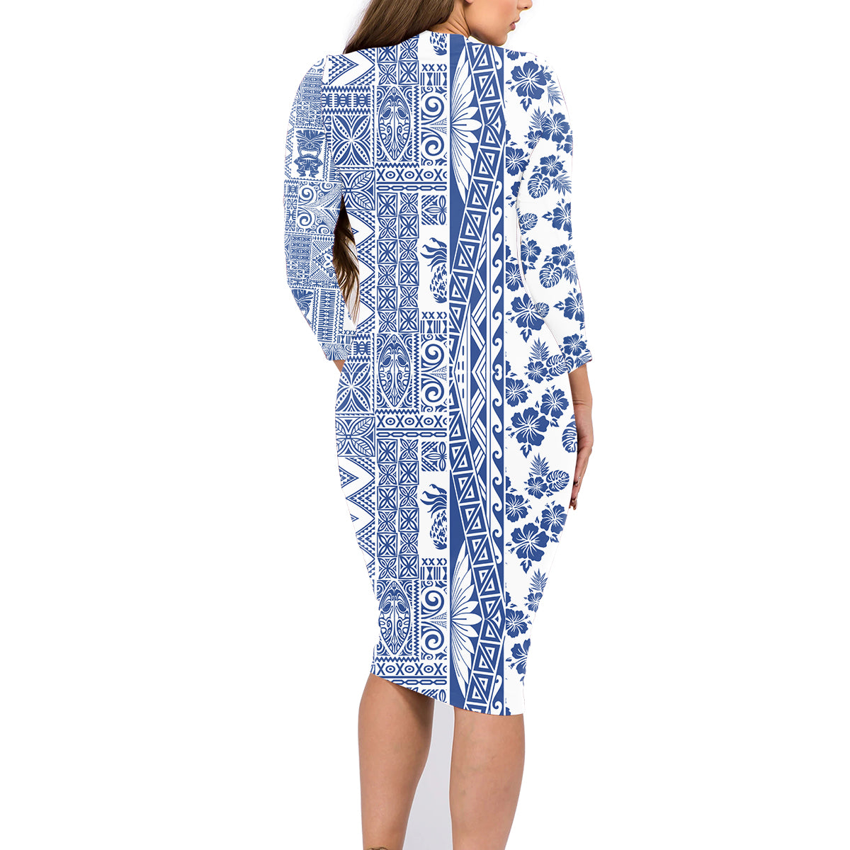 Hawaii Family Matching Long Sleeve Bodycon Dress and Hawaiian Shirt Aloha Tropical Plants Tribal Pattern Blue Version LT03 - Polynesian Pride