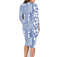 Hawaii Family Matching Long Sleeve Bodycon Dress and Hawaiian Shirt Aloha Tropical Plants Tribal Pattern Blue Version LT03 - Polynesian Pride