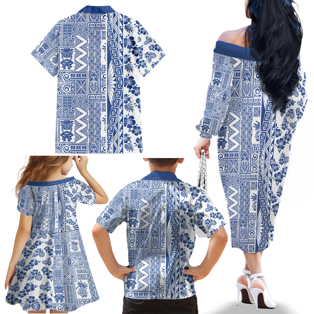 Hawaii Family Matching Off Shoulder Long Sleeve Dress and Hawaiian Shirt Aloha Tropical Plants Tribal Pattern Blue Version LT03 - Polynesian Pride