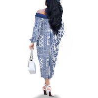 Hawaii Family Matching Off Shoulder Long Sleeve Dress and Hawaiian Shirt Aloha Tropical Plants Tribal Pattern Blue Version LT03 - Polynesian Pride