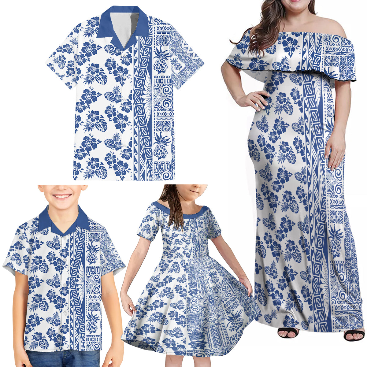 Hawaii Family Matching Off Shoulder Maxi Dress and Hawaiian Shirt Aloha Tropical Plants Tribal Pattern Blue Version LT03 - Polynesian Pride