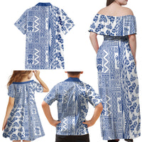 Hawaii Family Matching Off Shoulder Maxi Dress and Hawaiian Shirt Aloha Tropical Plants Tribal Pattern Blue Version LT03 - Polynesian Pride