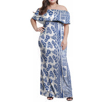 Hawaii Family Matching Off Shoulder Maxi Dress and Hawaiian Shirt Aloha Tropical Plants Tribal Pattern Blue Version LT03 Mom's Dress Blue - Polynesian Pride