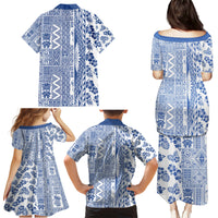 Hawaii Family Matching Puletasi Dress and Hawaiian Shirt Aloha Tropical Plants Tribal Pattern Blue Version LT03 - Polynesian Pride