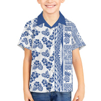 Hawaii Family Matching Puletasi Dress and Hawaiian Shirt Aloha Tropical Plants Tribal Pattern Blue Version LT03 Son's Shirt Blue - Polynesian Pride