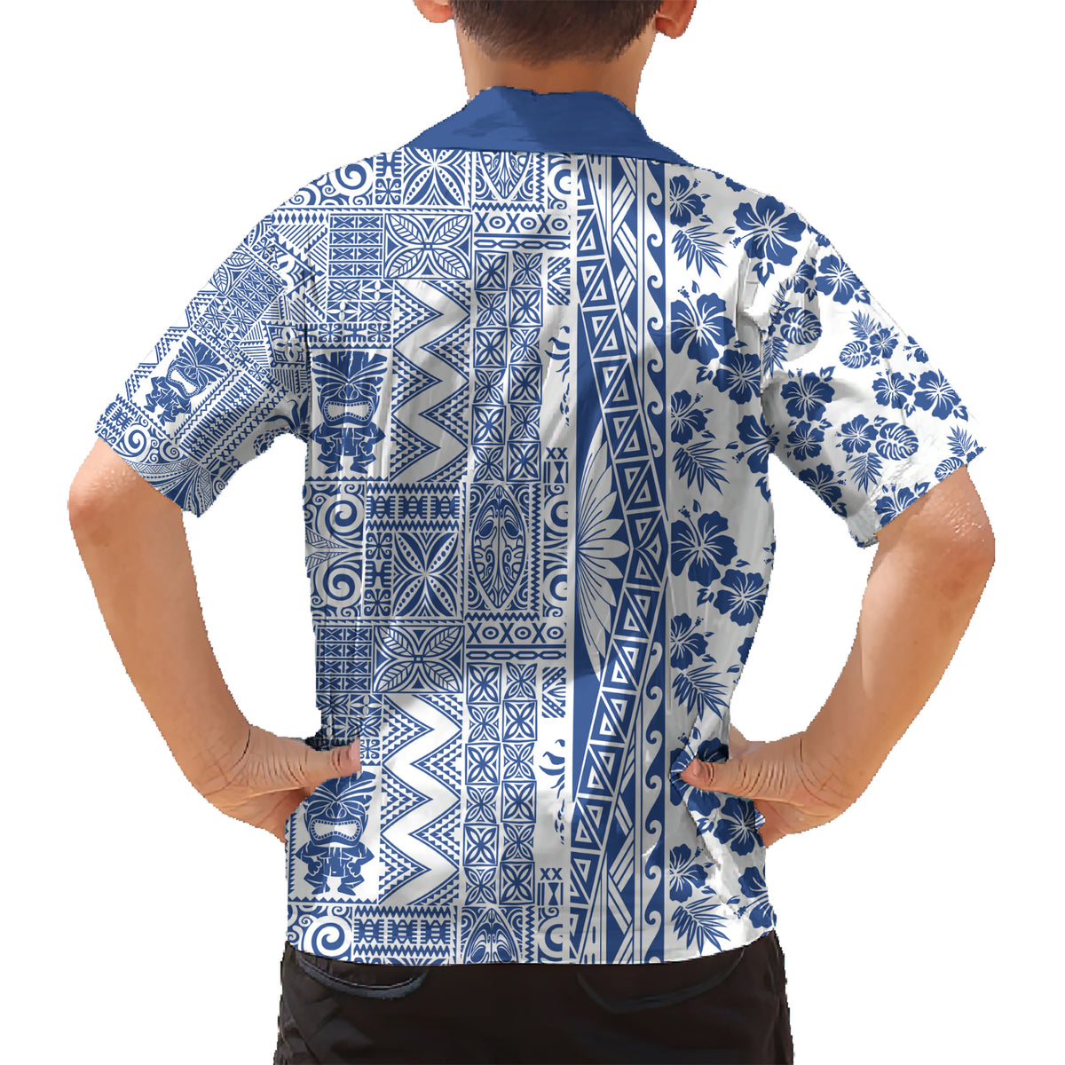 Hawaii Family Matching Short Sleeve Bodycon Dress and Hawaiian Shirt Aloha Tropical Plants Tribal Pattern Blue Version LT03 - Polynesian Pride