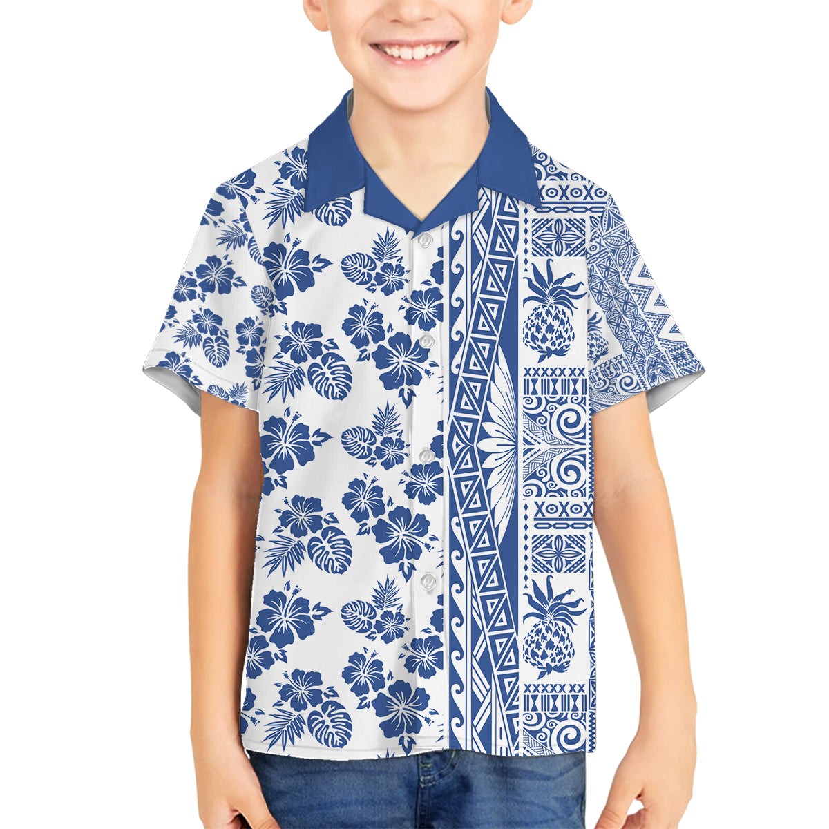 Hawaii Family Matching Tank Maxi Dress and Hawaiian Shirt Aloha Tropical Plants Tribal Pattern Blue Version LT03 Son's Shirt Blue - Polynesian Pride