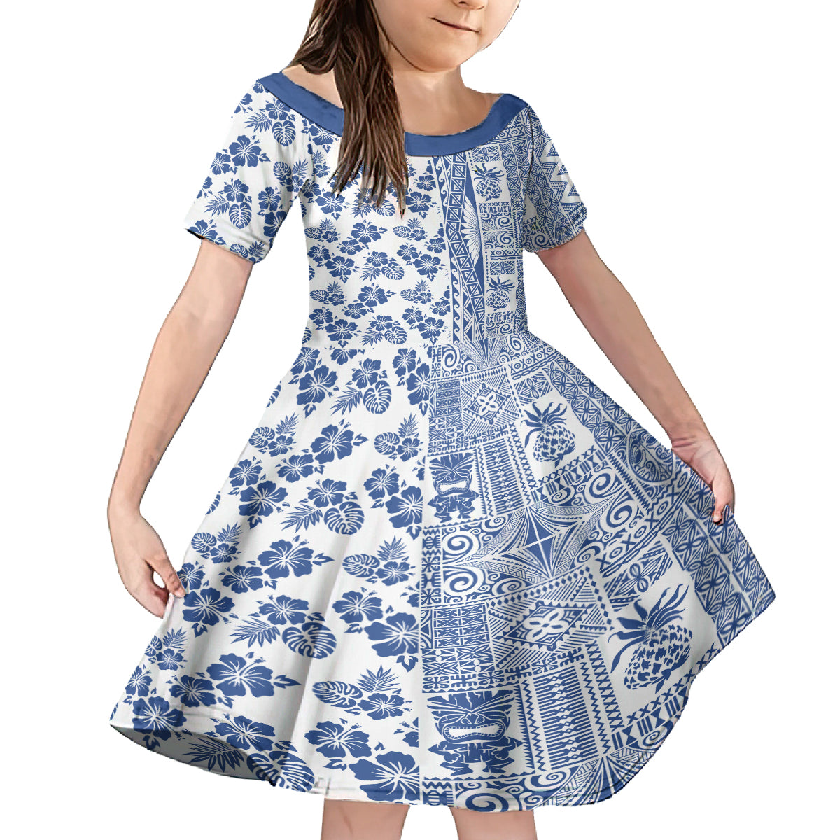 Hawaii Kid Short Sleeve Dress Aloha Tropical Plants Tribal Pattern Blue Version LT03 KID Blue - Polynesian Pride
