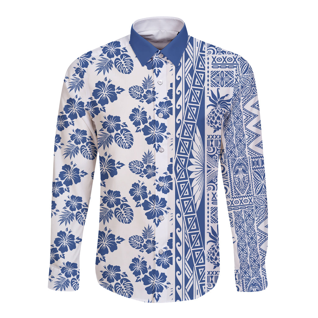 Hawaii Long Sleeve Button Shirt Aloha Tropical Plants Tribal Pattern Blue Version LT03 Unisex Blue - Polynesian Pride