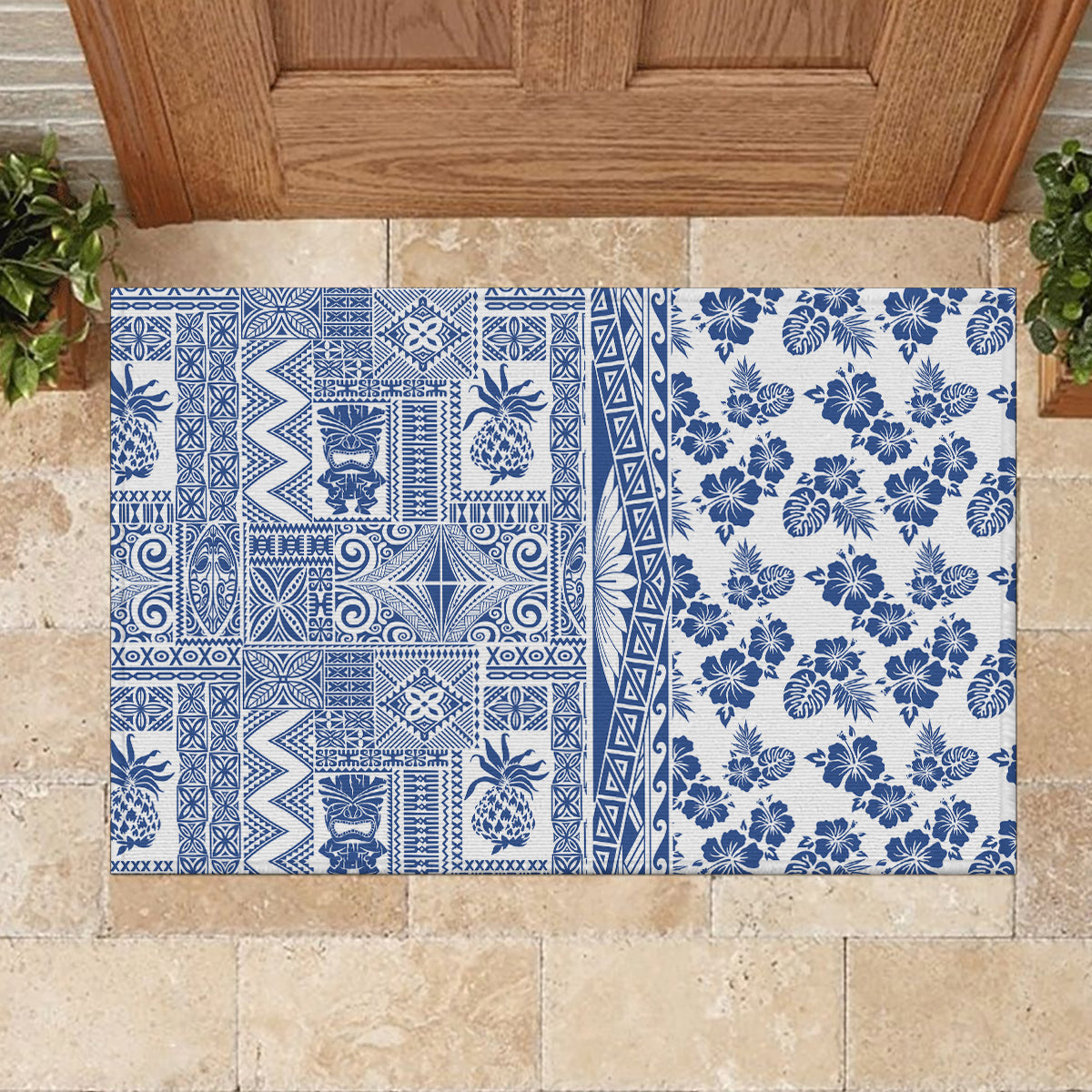 Hawaii Rubber Doormat Aloha Tropical Plants Tribal Pattern Blue Version LT03 - Polynesian Pride