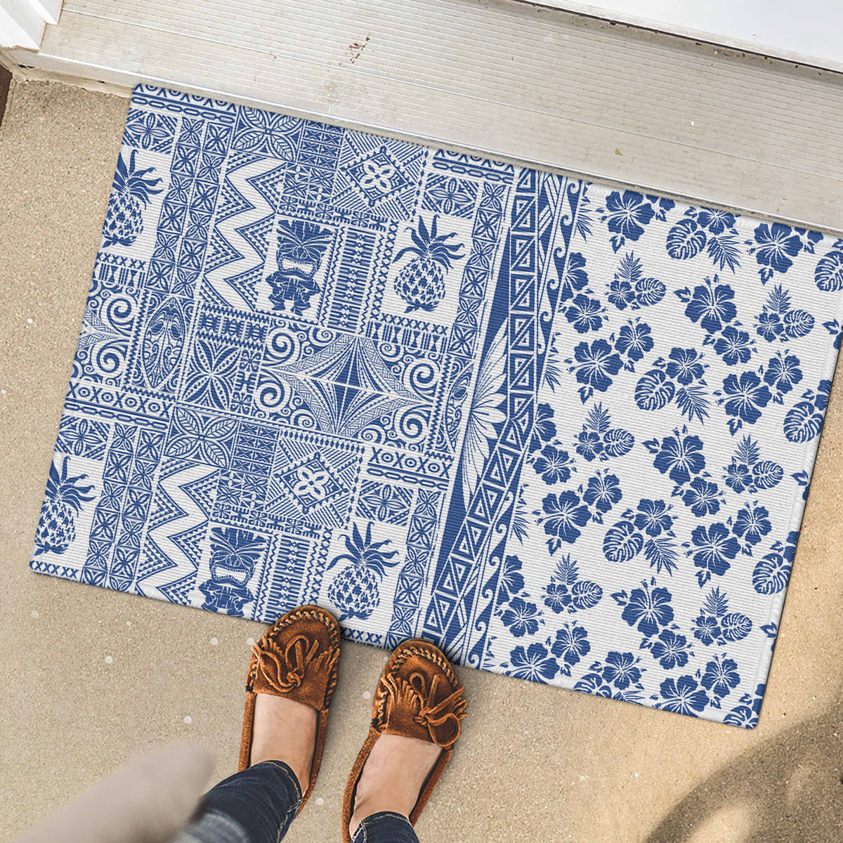 Hawaii Rubber Doormat Aloha Tropical Plants Tribal Pattern Blue Version LT03 - Polynesian Pride