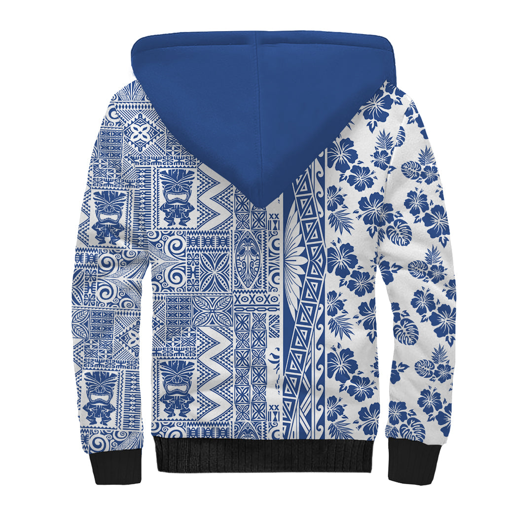 Hawaii Sherpa Hoodie Aloha Tropical Plants Tribal Pattern Blue Version LT03 - Polynesian Pride