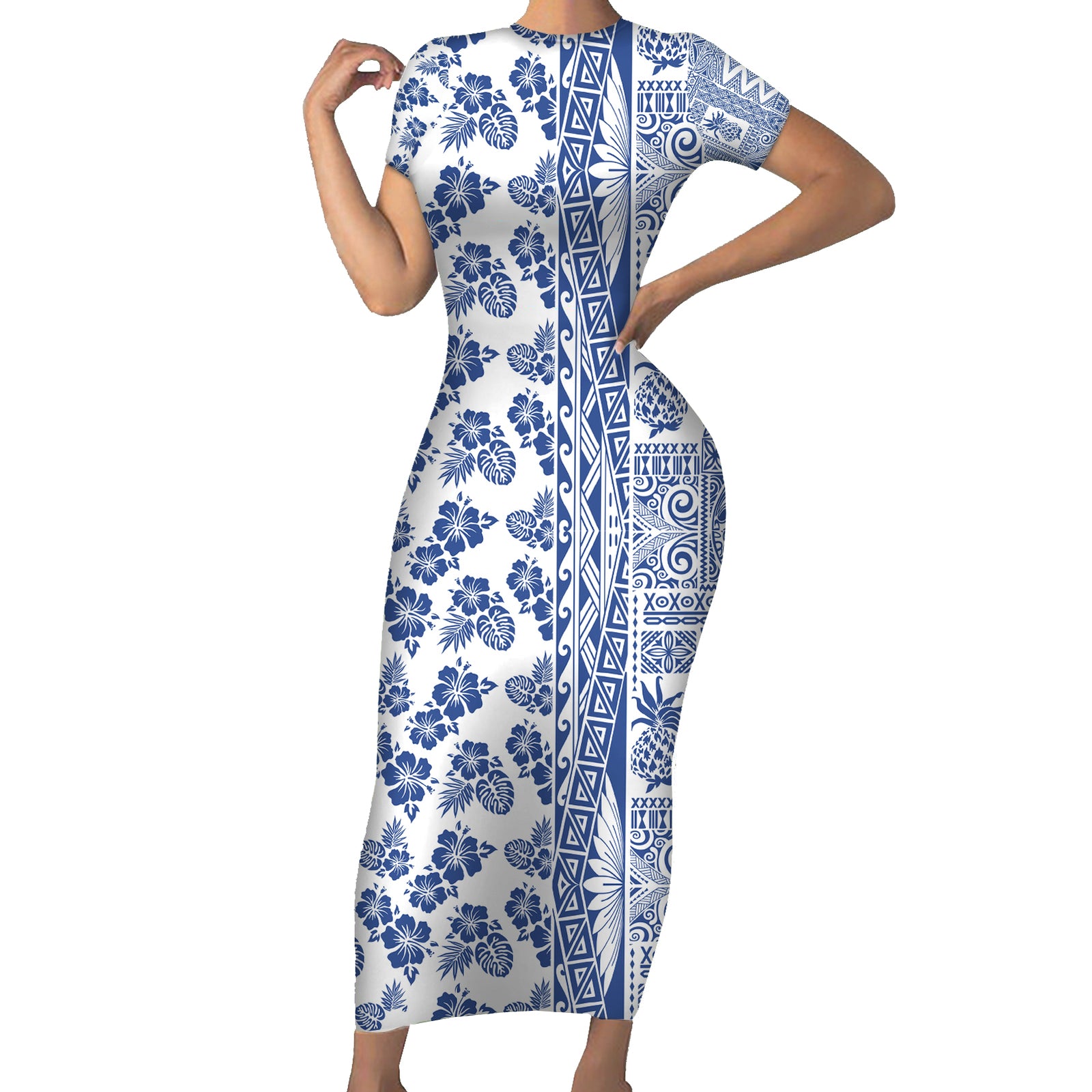 Hawaii Short Sleeve Bodycon Dress Aloha Tropical Plants Tribal Pattern Blue Version LT03 Long Dress Blue - Polynesian Pride