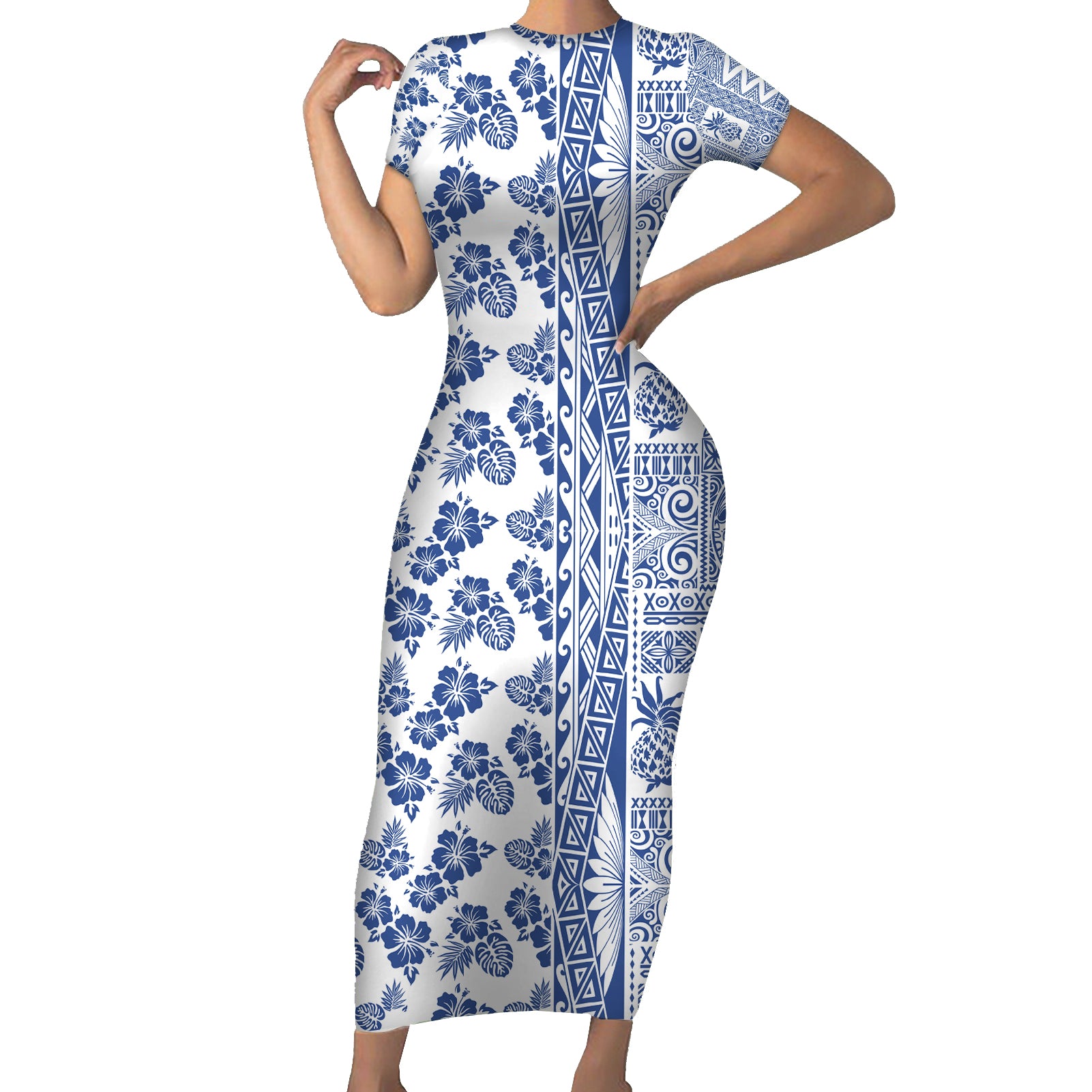 Hawaii Short Sleeve Bodycon Dress Aloha Tropical Plants Tribal Pattern Blue Version LT03 Long Dress Blue - Polynesian Pride