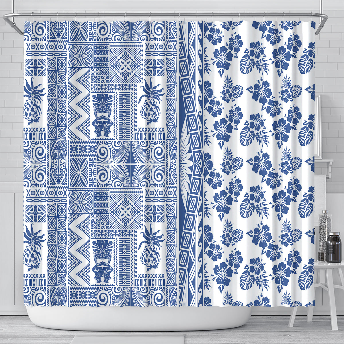 Hawaii Shower Curtain Aloha Tropical Plants Tribal Pattern Blue Version LT03 - Polynesian Pride
