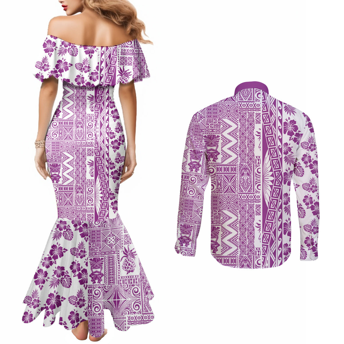 Hawaii Couples Matching Mermaid Dress and Long Sleeve Button Shirt Aloha Tropical Plants Tribal Pattern Pink Version LT03 - Polynesian Pride