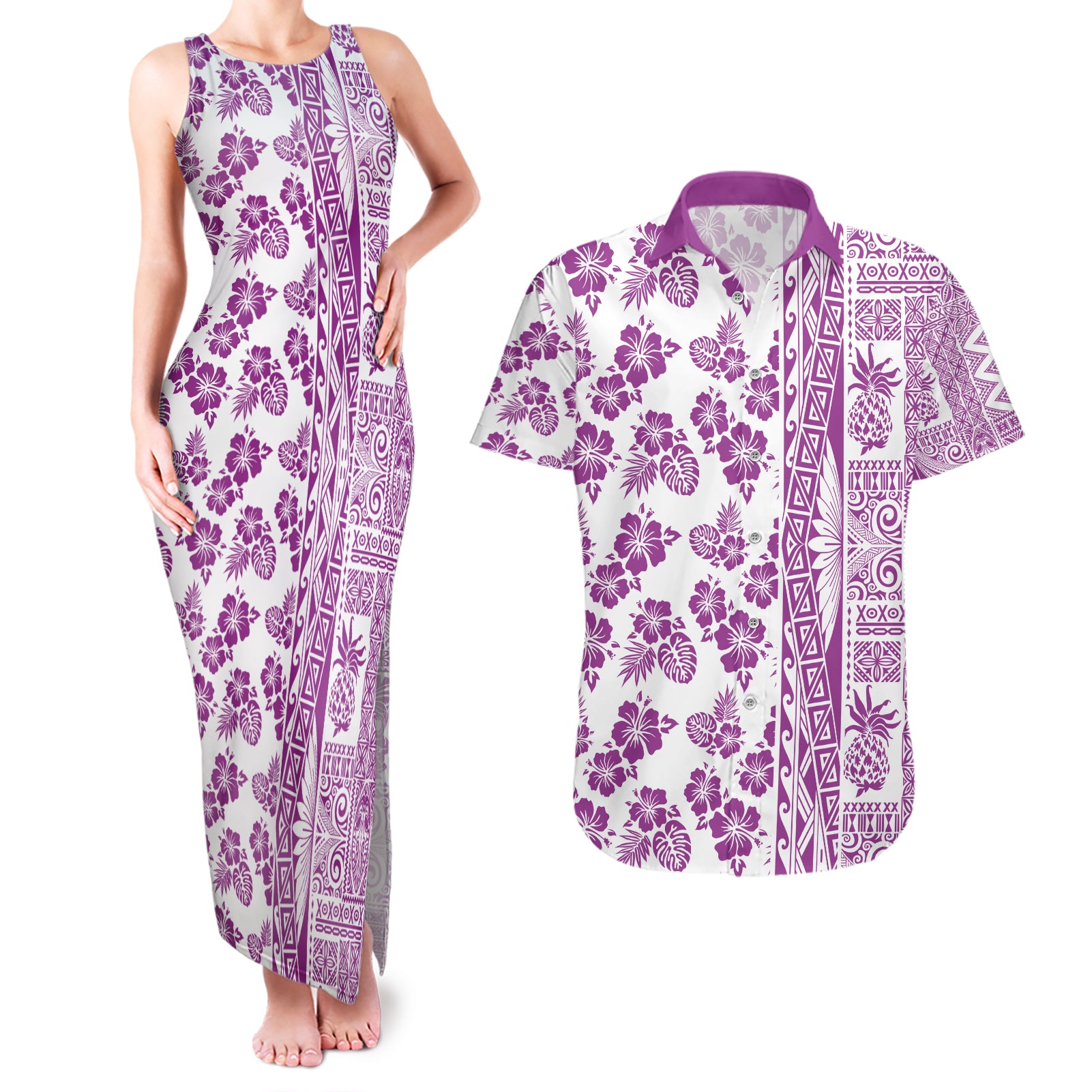 Hawaii Couples Matching Tank Maxi Dress and Hawaiian Shirt Aloha Tropical Plants Tribal Pattern Pink Version LT03 Pink - Polynesian Pride