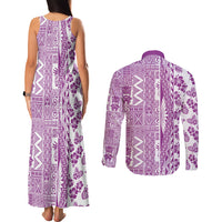 Hawaii Couples Matching Tank Maxi Dress and Long Sleeve Button Shirt Aloha Tropical Plants Tribal Pattern Pink Version LT03 - Polynesian Pride