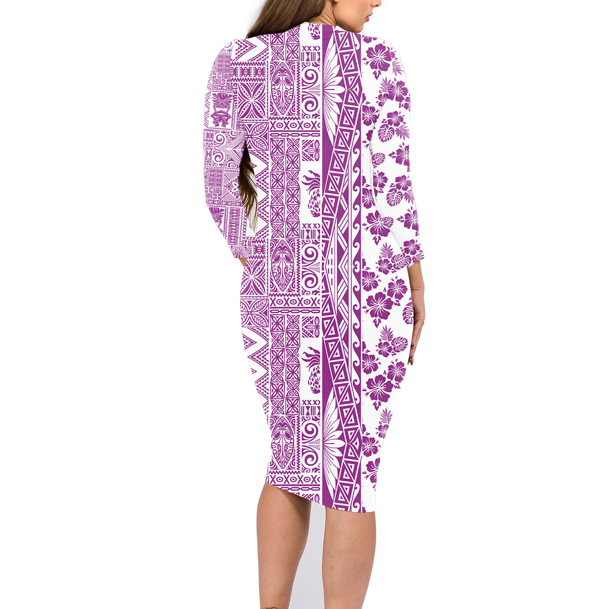Hawaii Family Matching Long Sleeve Bodycon Dress and Hawaiian Shirt Aloha Tropical Plants Tribal Pattern Pink Version LT03 - Polynesian Pride