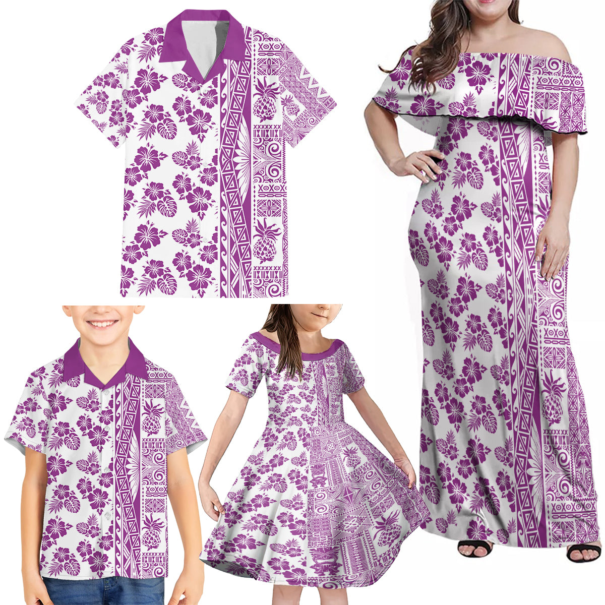 Hawaii Family Matching Off Shoulder Maxi Dress and Hawaiian Shirt Aloha Tropical Plants Tribal Pattern Pink Version LT03 - Polynesian Pride