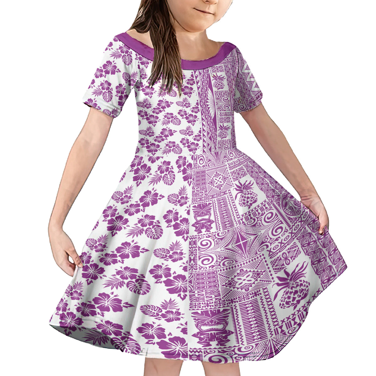 Hawaii Kid Short Sleeve Dress Aloha Tropical Plants Tribal Pattern Pink Version LT03 KID Pink - Polynesian Pride