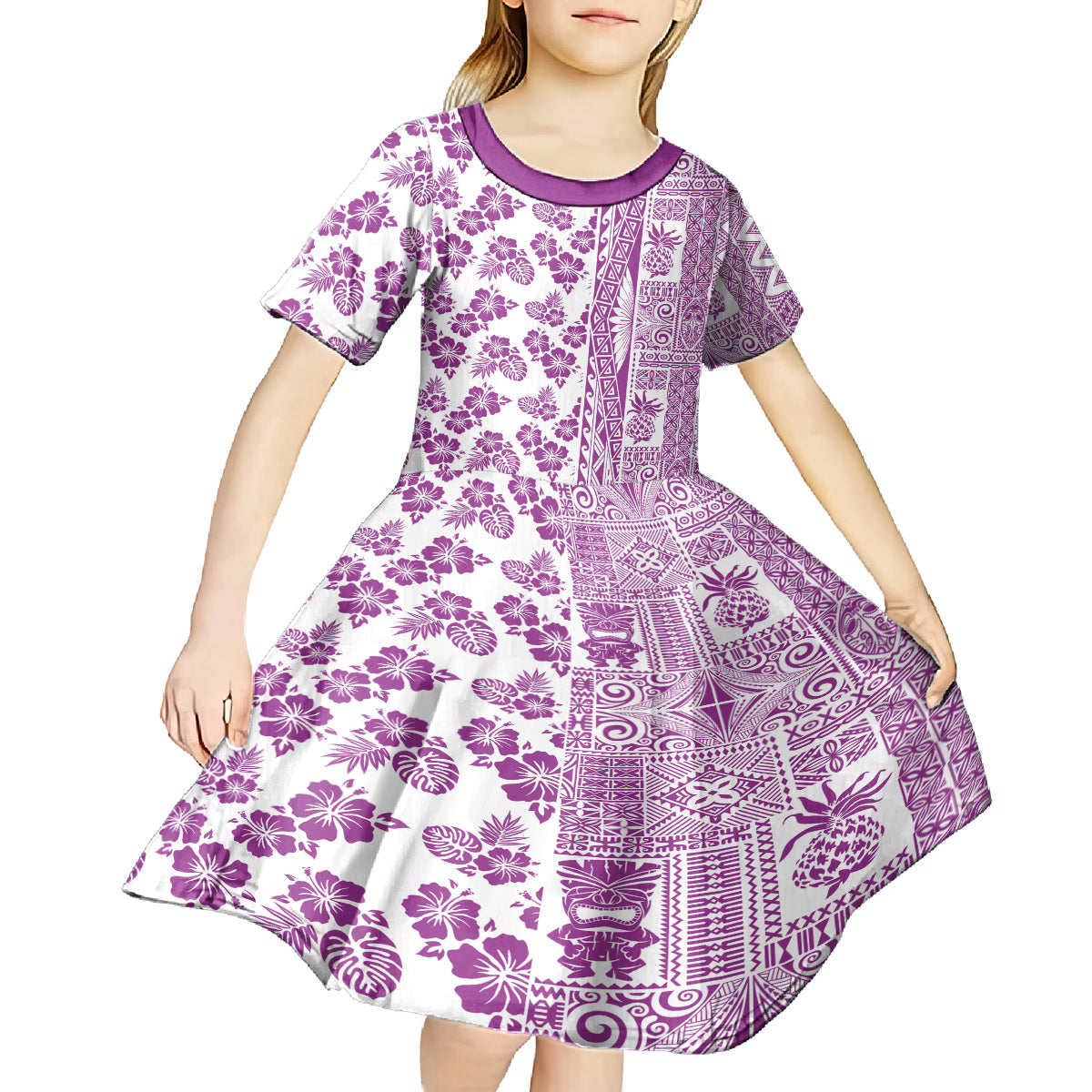 Hawaii Kid Short Sleeve Dress Aloha Tropical Plants Tribal Pattern Pink Version LT03 - Polynesian Pride