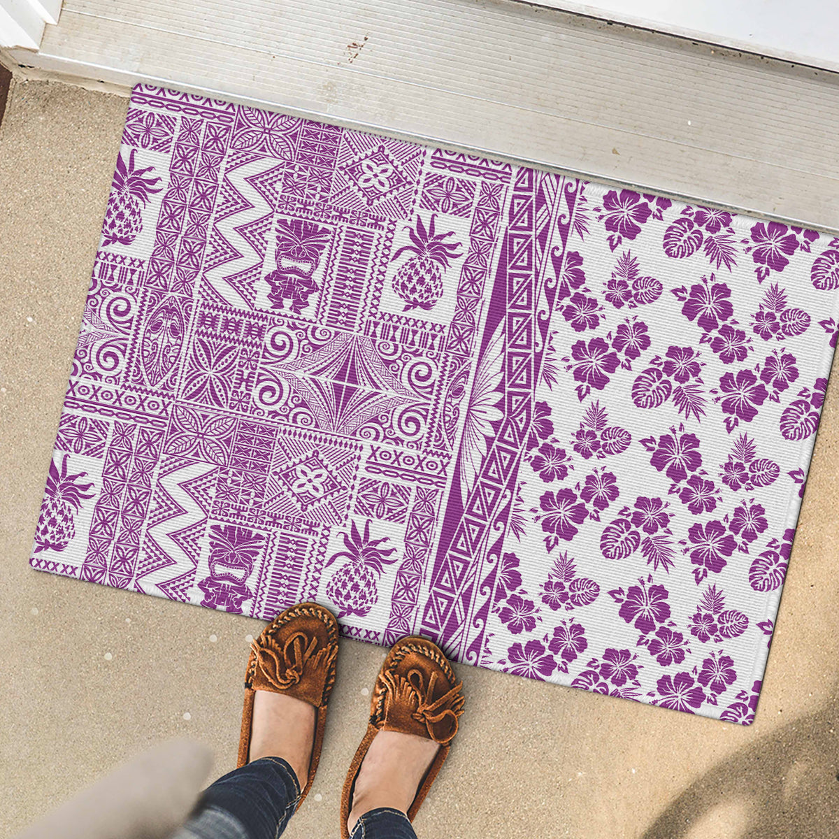 Hawaii Rubber Doormat Aloha Tropical Plants Tribal Pattern Pink Version LT03 - Polynesian Pride