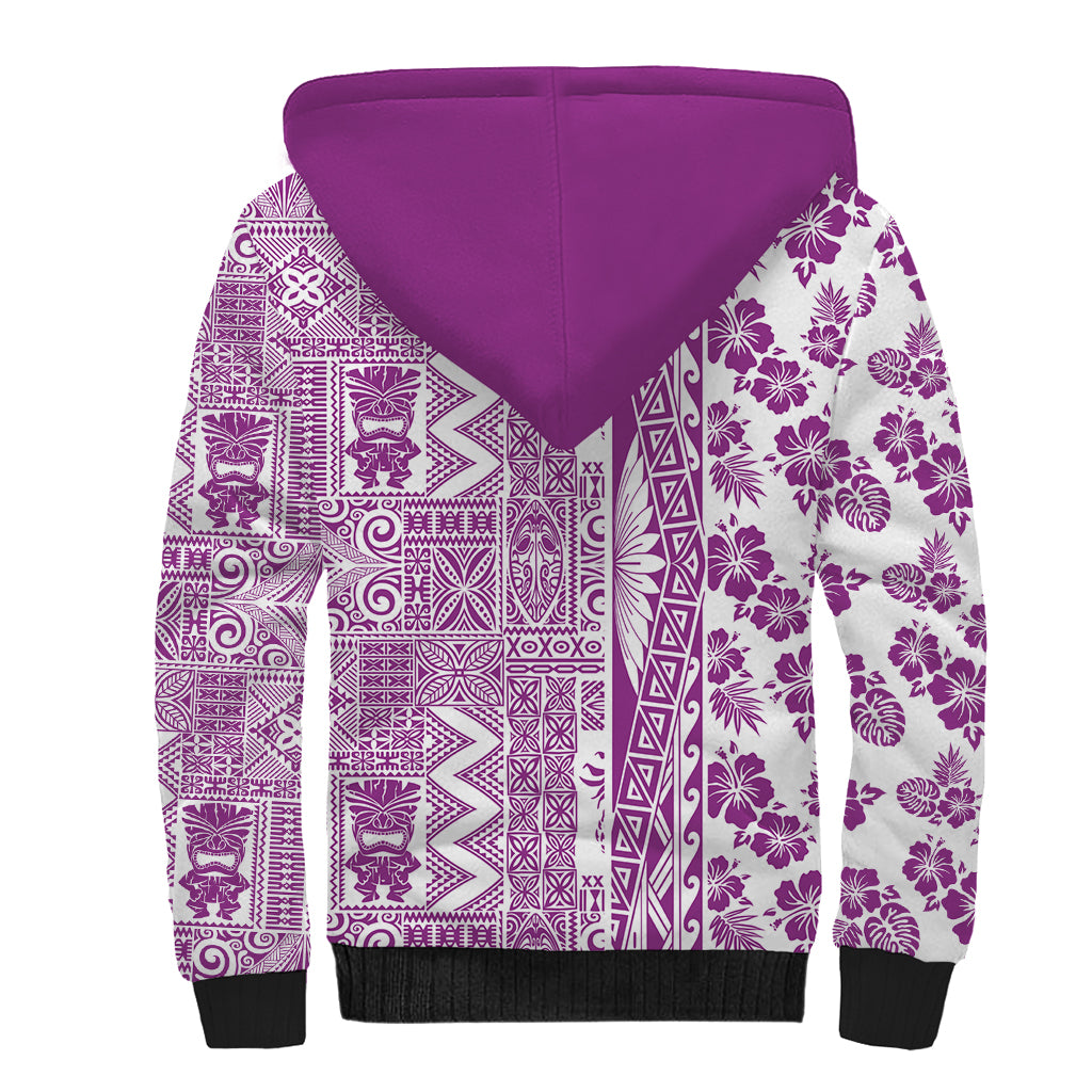 Hawaii Sherpa Hoodie Aloha Tropical Plants Tribal Pattern Pink Version LT03 - Polynesian Pride