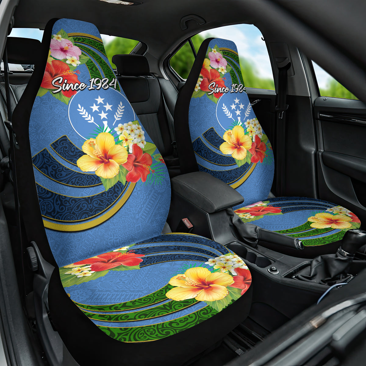 Kosrae Constitution Day Car Seat Cover Hibiscus Mix Maori Tattoo Pattern LT03 One Size Blue - Polynesian Pride