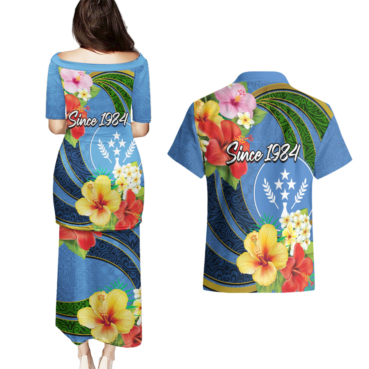 Kosrae Constitution Day Couples Matching Puletasi and Hawaiian Shirt Hibiscus Mix Maori Tattoo Pattern LT03 - Polynesian Pride