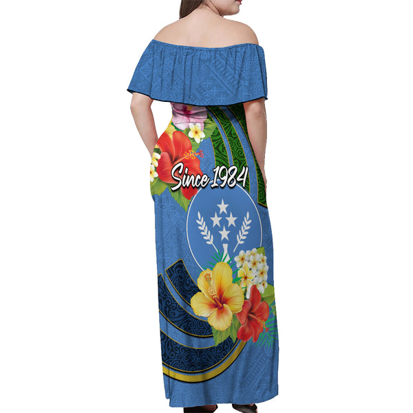Kosrae Woman Off Shoulder Long Dress Coat Of Arms Kakau Style Gradient Blue