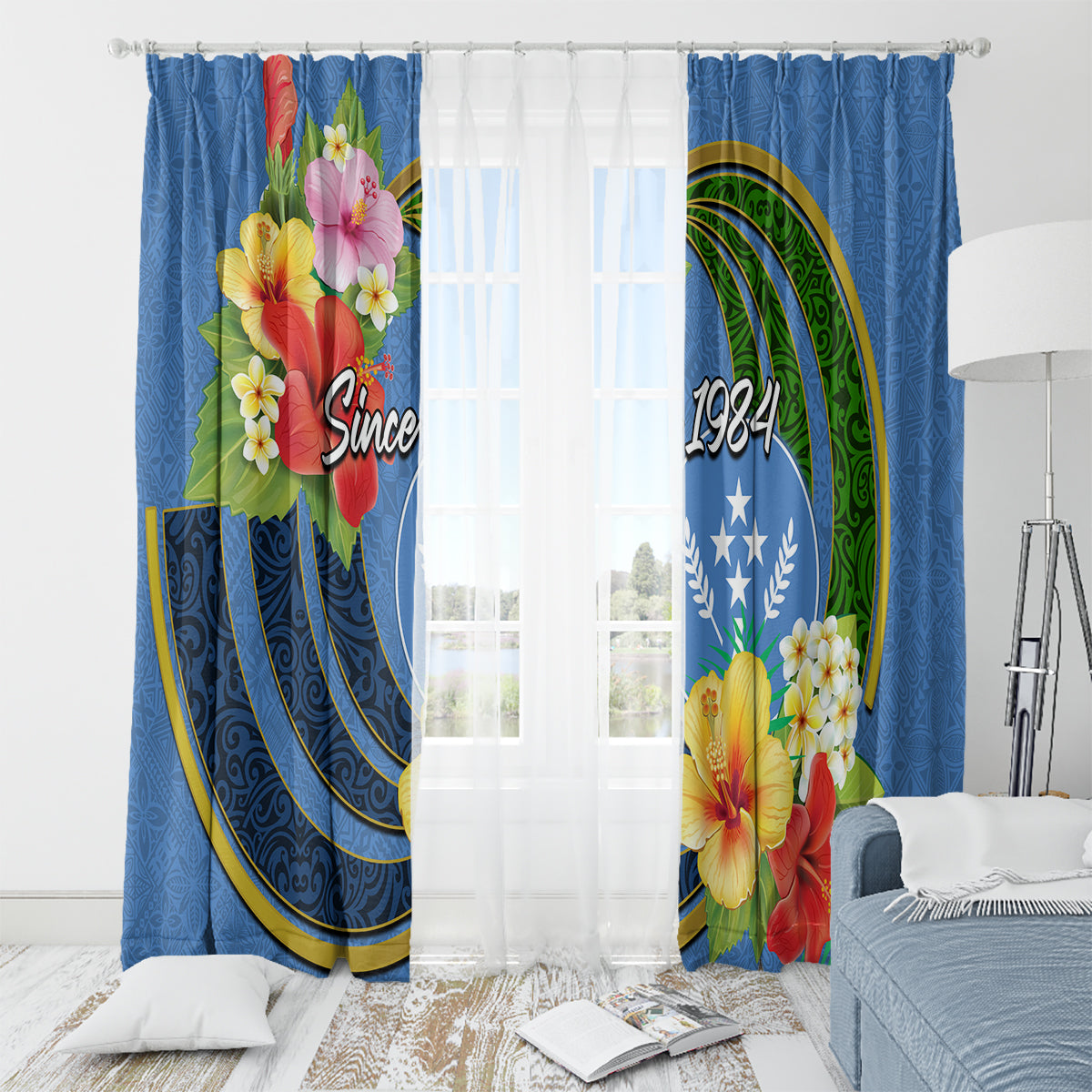 Kosrae Constitution Day Window Curtain Hibiscus Mix Maori Tattoo Pattern LT03 - Polynesian Pride