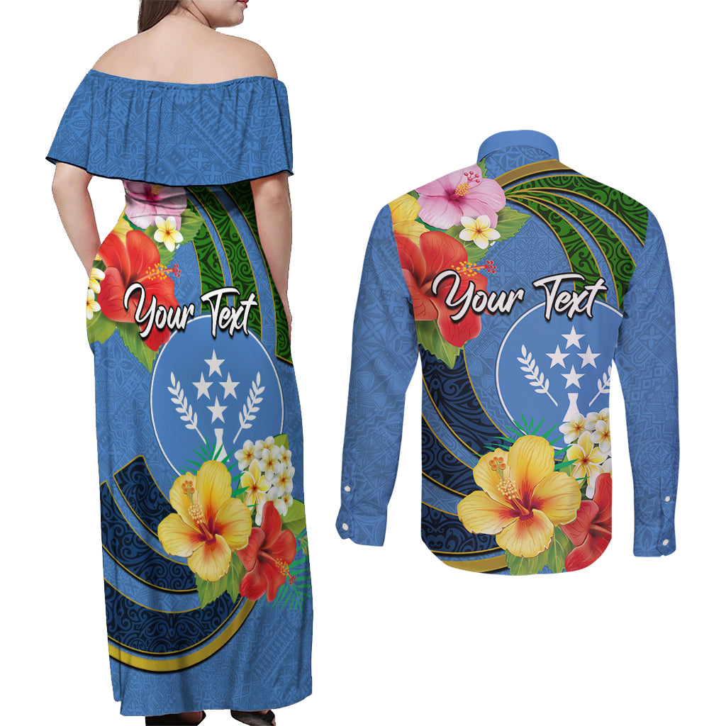Kosrae Couples Matching Off Shoulder Maxi Dress and Long Sleeve Button Shirt Hibiscus Mix Maori Tattoo Pattern LT03 - Polynesian Pride