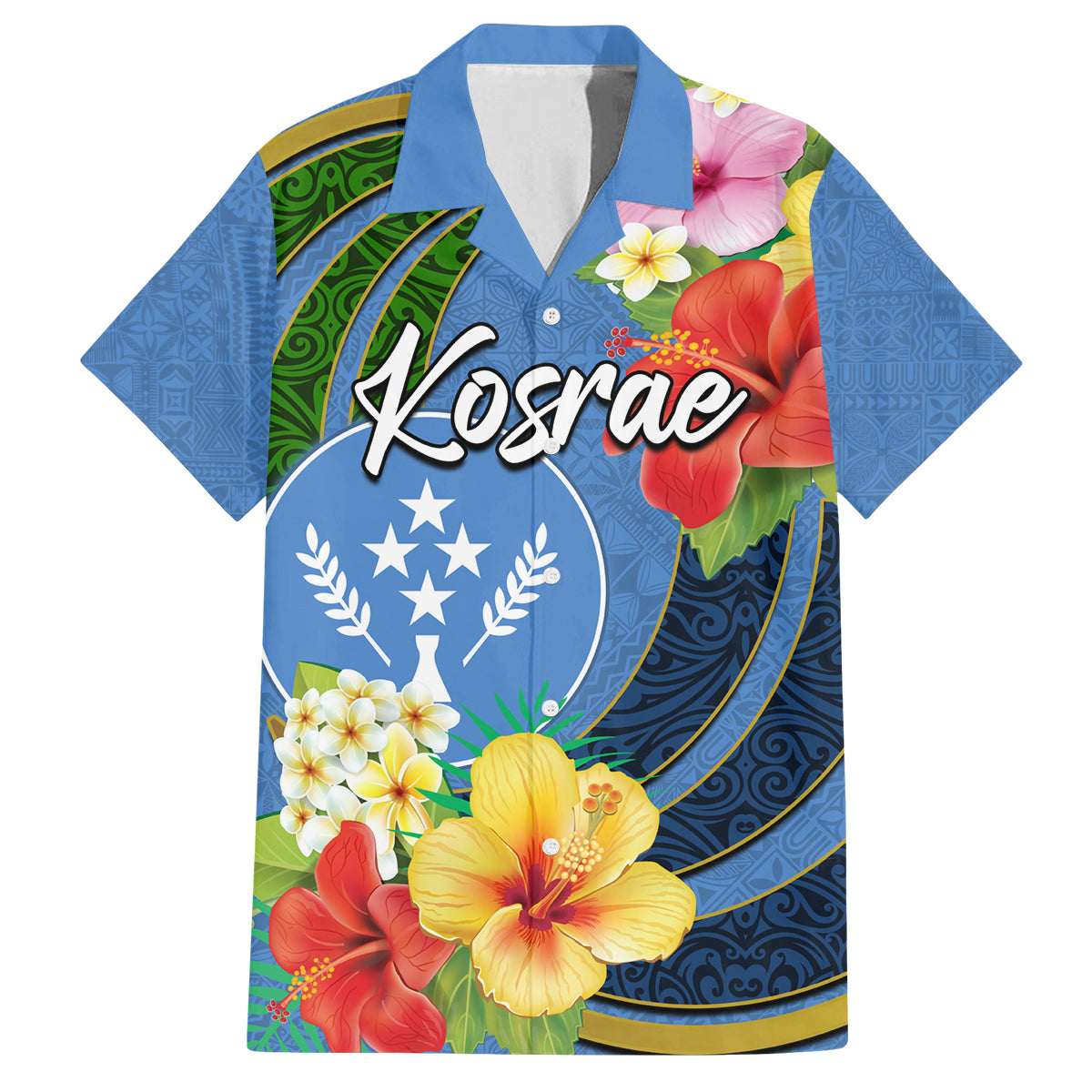 Kosrae Family Matching Off Shoulder Short Dress and Hawaiian Shirt Hibiscus Mix Maori Tattoo Pattern LT03 Dad's Shirt - Short Sleeve Blue - Polynesian Pride