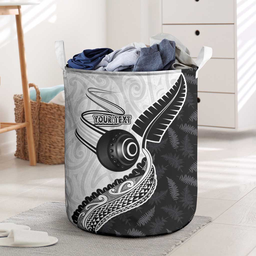 Personalised Aotearoa Lawn Bowls Laundry Basket Maori and Silver Fern Half Style LT03 White - Polynesian Pride