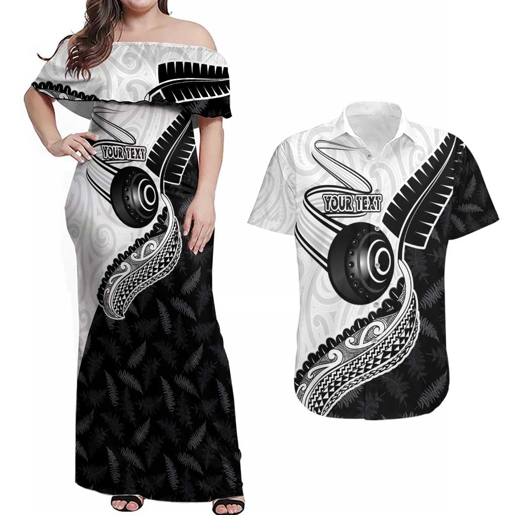 Personalised Aotearoa Lawn Bowls Couples Matching Off Shoulder Maxi Dress and Hawaiian Shirt Maori and Silver Fern Half Style - Polynesian Pride