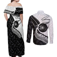 Personalised Aotearoa Lawn Bowls Couples Matching Off Shoulder Maxi Dress and Long Sleeve Button Shirt Maori and Silver Fern Half Style - Polynesian Pride