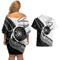 Personalised Aotearoa Lawn Bowls Couples Matching Off Shoulder Short Dress and Hawaiian Shirt Maori and Silver Fern Half Style - Polynesian Pride