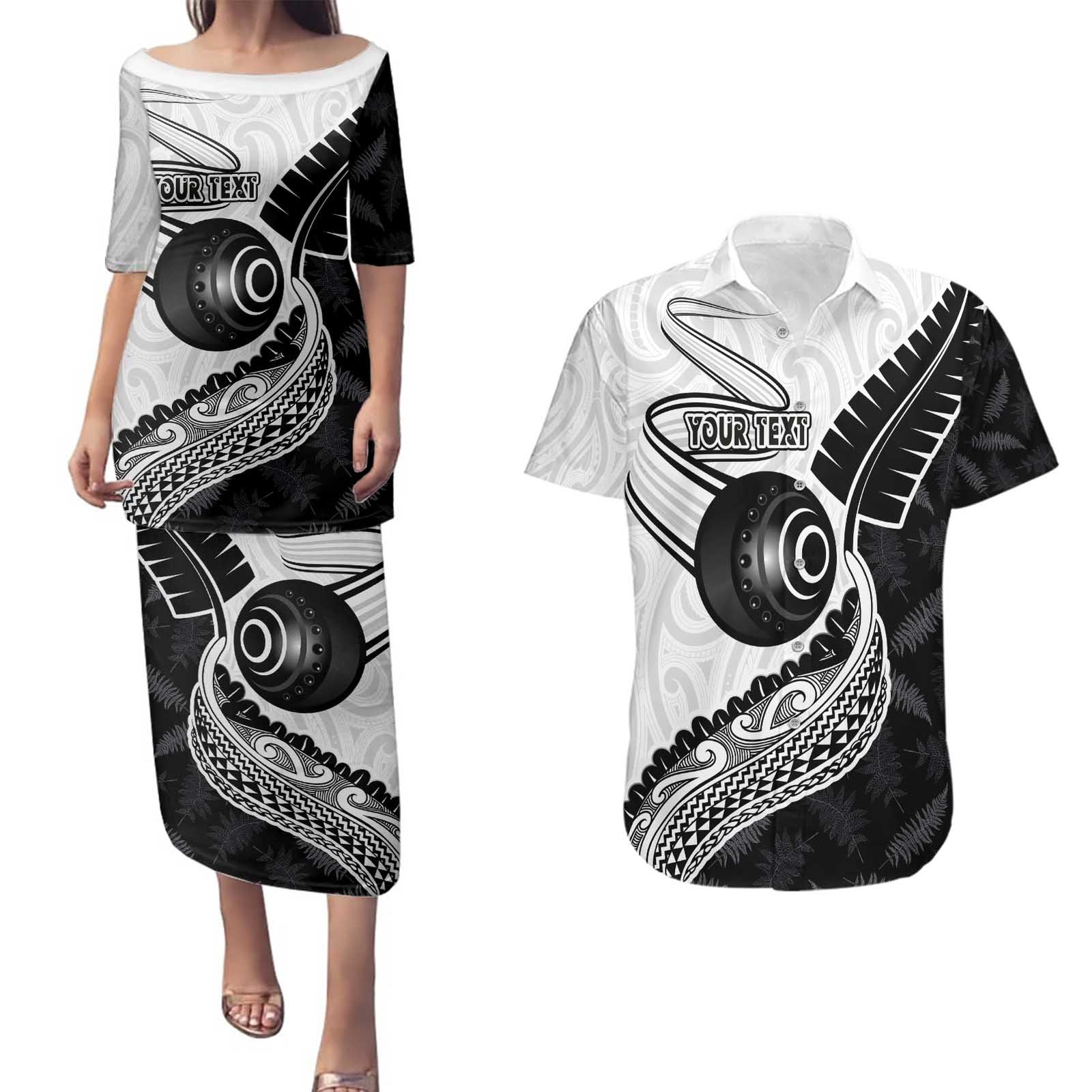 Personalised Aotearoa Lawn Bowls Couples Matching Puletasi and Hawaiian Shirt Maori and Silver Fern Half Style LT03 White - Polynesian Pride