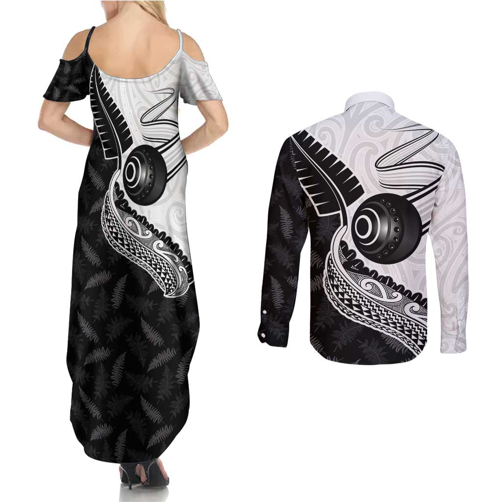 Personalised Aotearoa Lawn Bowls Couples Matching Summer Maxi Dress and Long Sleeve Button Shirt Maori and Silver Fern Half Style - Polynesian Pride